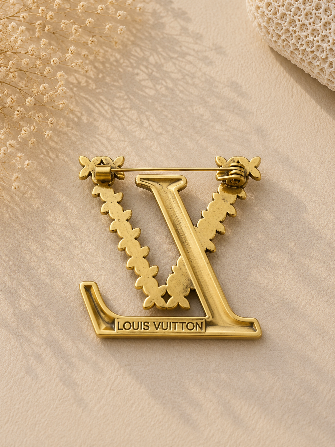 Gold Brass LV Brooch
